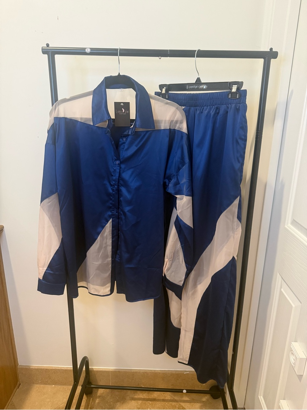 Royal Blue and White Spliced Sheer Panel 2 Piece Pant set w/Button-Up Shirt
